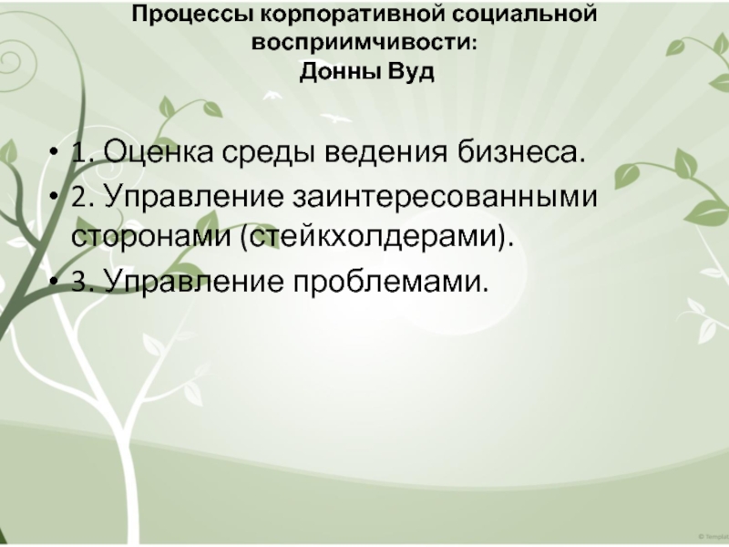 Процессы корпоративной социальной восприимчивости:
  Донны Вуд 
  1. Оценка среды ведения бизнеса. 2. Управление заинтересованными