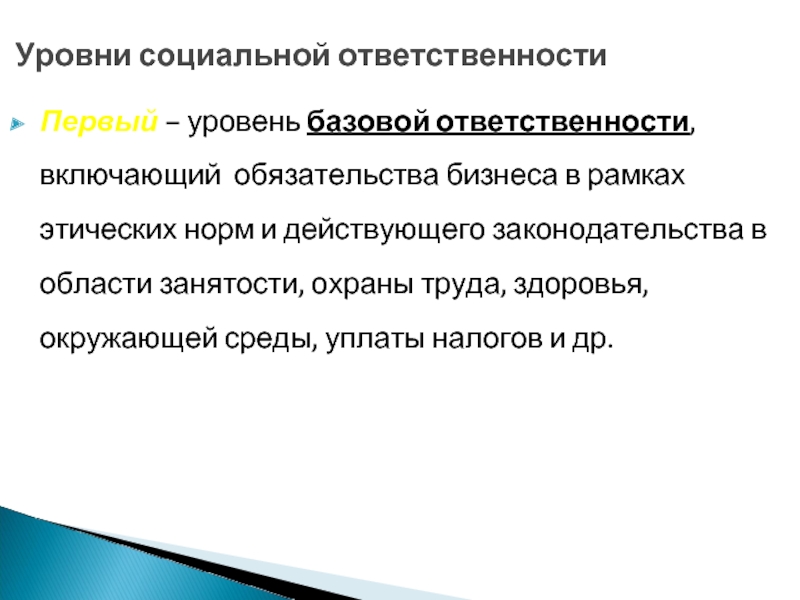 Первый – уровень базовой ответственности, включающий обязательства бизнеса в рамках этических норм и действующего законодательства в области