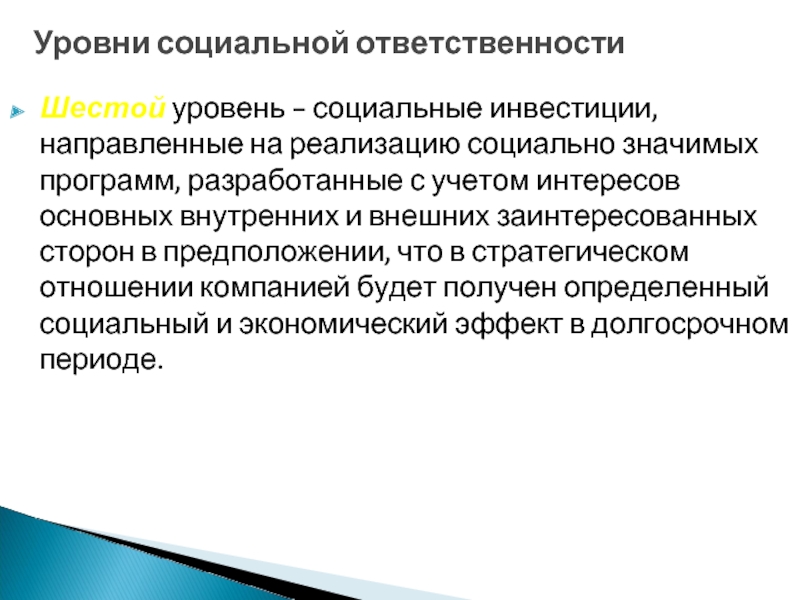 Шестой уровень - социальные инвестиции, направленные на реализацию социально значимых программ, разработанные с учетом интересов основных внутренних