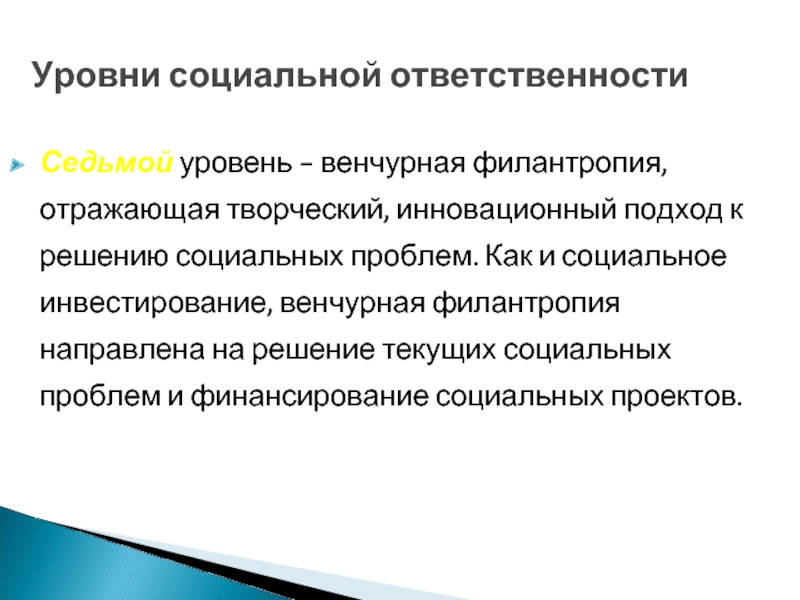 Седьмой уровень - венчурная филантропия, отражающая творческий, инновационный подход к решению социальных проблем. Как и социальное инвестирование,