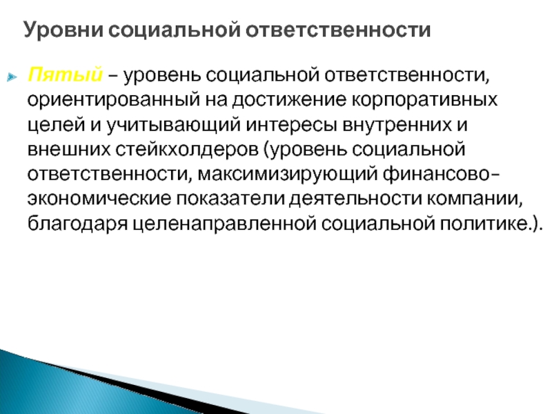 Пятый – уровень социальной ответственности, ориентированный на достижение корпоративных целей и учитывающий интересы внутренних и внешних стейкхолдеров