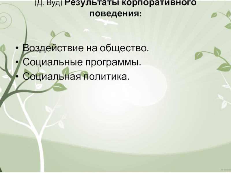 (Д. Вуд) Результаты корпоративного поведения:
  
  Воздействие на общество. Социальные программы. Социальная политика.