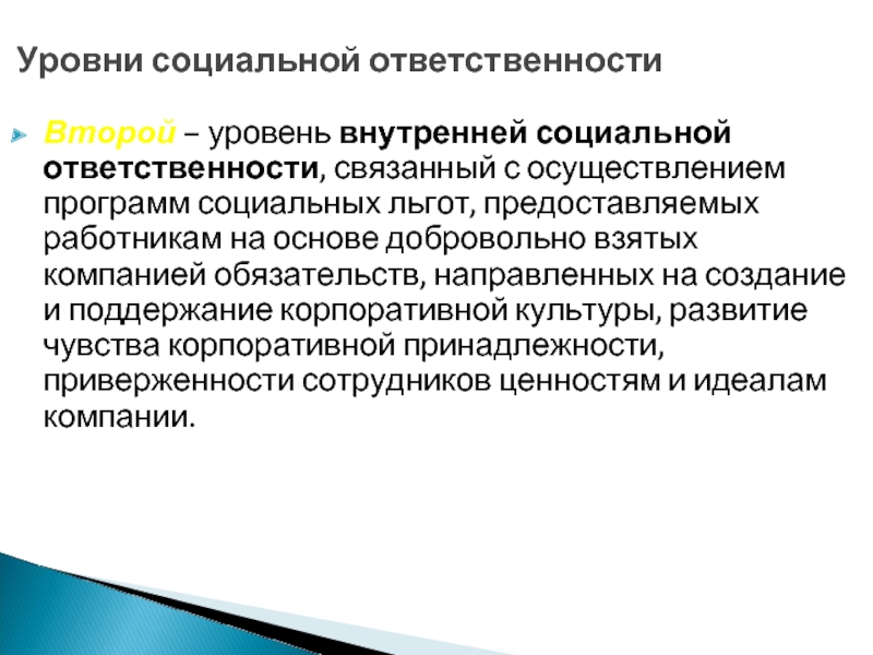 Второй – уровень внутренней социальной ответственности, связанный с осуществлением программ социальных льгот, предоставляемых работникам на основе добровольно