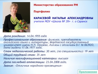 Дата рождения: 14.04.1955 года
Профессиональное образование: филолог, преподаватель английского языка и литературы, Мордовский государственный университет имени Н.П. Огарева, диплом с отличием Б-I  № 06392О, дата выдачи 17.06.1977 года.
Стаж педагогическо