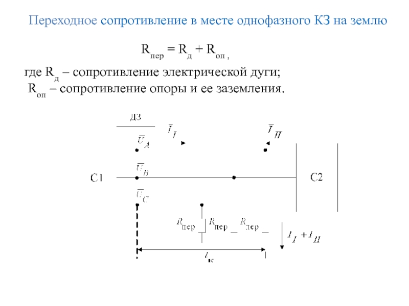 Переходное сопротивление в месте однофазного КЗ на землю  Rпер = Rд