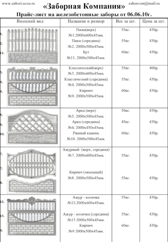 Заборная Компания
Прайс-лист на железобетонные заборы от 06.06.10г.