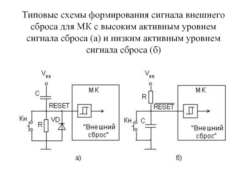 Высокий уровень сигнала. Схема формирователи сигнала начального сброса. Схема сброса при включении питания. Reset микроконтроллера схема. Схема формирования сигнала сброса МК.