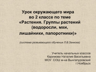 Урок окружающего мира во 2 классе по теме Растения. Группы растений (водоросли, мхи, 
лишайники, папоротники)(система развивающего обучения Л.В.Занкова)