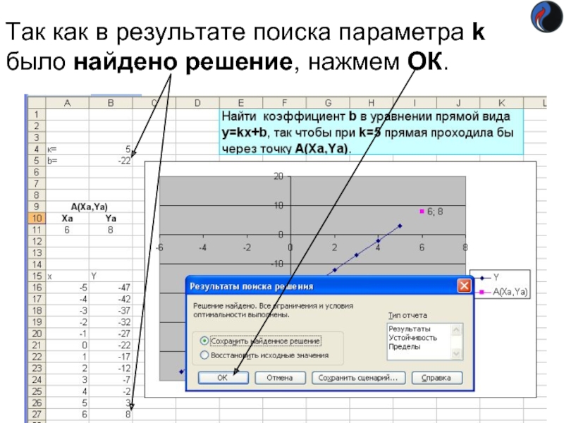 Так как в результате поиска параметра k было найдено решение, нажмем ОК.