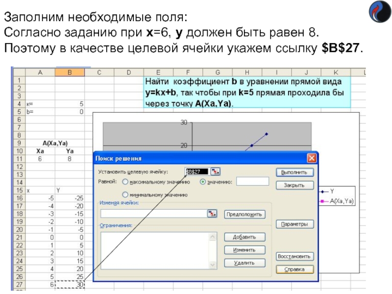 Заполним необходимые поля:
 Согласно заданию при х=6, y должен быть равен 8.