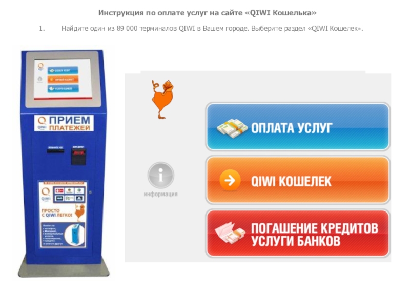 Инструкция по оплате услуг на сайте «QIWI Кошелька» 1. Найдите один из 89 000 терминалов QIWI