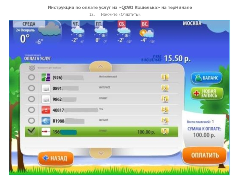 Инструкция по оплате услуг из «QIWI Кошелька» на терминале12. Нажмите «Оплатить».