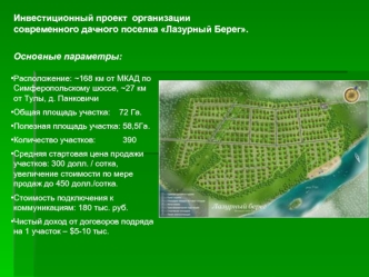 Инвестиционный проект  организации                            современного дачного поселка Лазурный Берег.