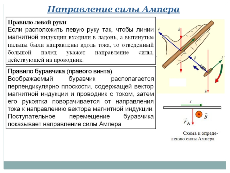 По рисунку определить направление силы ампера пользуясь правилом левой руки