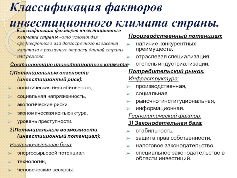 Классификация факторов. Факторы инвестиционного климата. Составляющие инвестиционного климата страны. Факторы определяющие инвестиционный климат. Основные факторы инвестиционного климата.