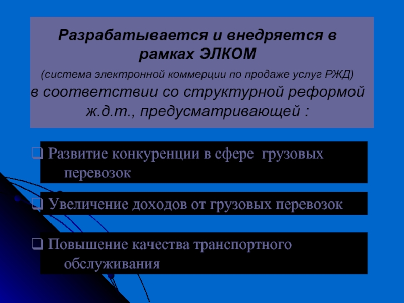 Разрабатывается и внедряется в рамках ЭЛКОМ 
 (система электронной коммерции по продаже