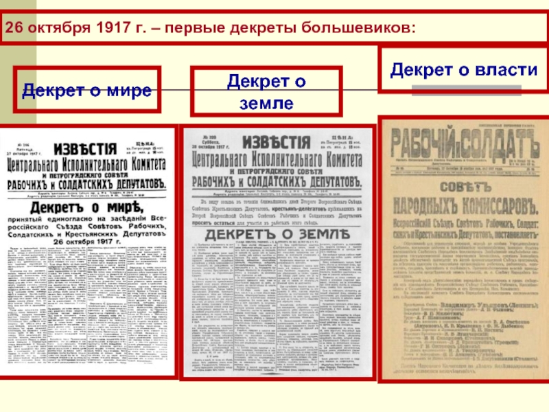 26 октября 1917 г. – первые декреты большевиков: Декрет о мире Декрет