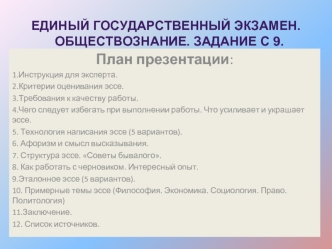 План презентации:
1.Инструкция для эксперта.
2.Критерии оценивания эссе.
3.Требования к качеству работы.
4.Чего следует избегать при выполнении работы. Что усиливает и украшает эссе.
5. Технология написания эссе (5 вариантов).
6. Афоризм и смысл высказыва