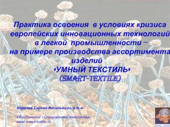 Практика освоения  в условиях кризиса 
европейских инновационных технологий 
 в легкой  промышленности – 
на примере производства ассортимента изделий 
  УМНЫЙ ТЕКСТИЛЬ  
(SMART-TEXTILE)