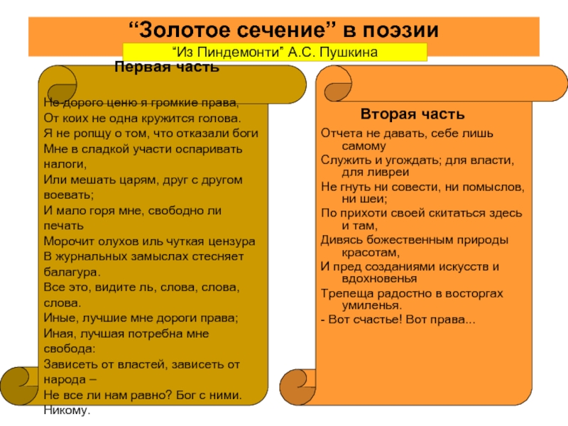 Из пиндемонти пушкин. Золотое сечение в поэзии. Золотое сечение Пушкин. Из Пиндемонти. Недорого ценю я громкие права Пушкин.