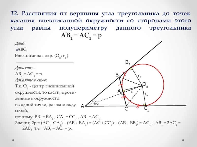 Т2. Расстояния от вершины угла треугольника до точек касания вневписанной окружности со сторонами этого угла равны полупериметру