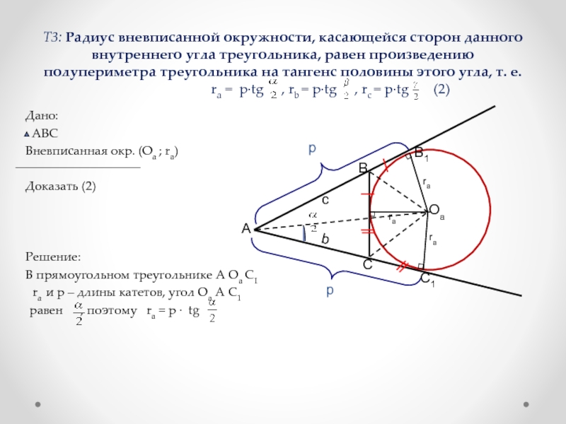 Т3: Радиус вневписанной окружности, касающейся сторон данного внутреннего угла треугольника, равен произведению полупериметра треугольника на тангенс половины