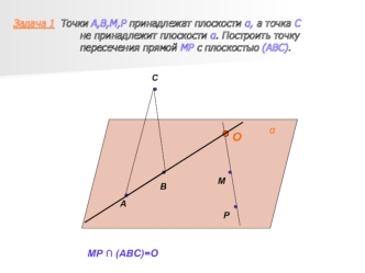 Задача 1 Точки А,В,М,Р принадлежат плоскости α, а точка С не принадлежит плоскости α. Построить точку пересечения прямой МР с плоскостью (АВС). C A B P.