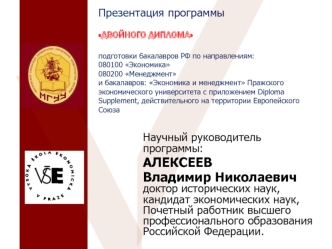 Презентация программы ДВОЙНОГО ДИПЛОМАподготовки бакалавров РФ по направлениям:080100 Экономика080200 Менеджменти бакалавров: Экономика и менеджмент Пражского экономического университета с приложением Diploma Supplement, действительного на территории Евро