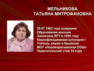 МЕЛЬНИКОВА
ТАТЬЯНА МИТРОФАНОВНА