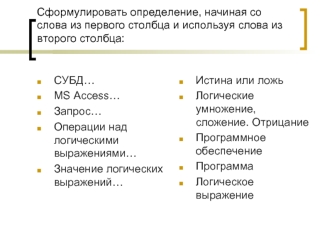 Сформулировать определение, начиная со слова из первого столбца и используя слова из второго столбца: