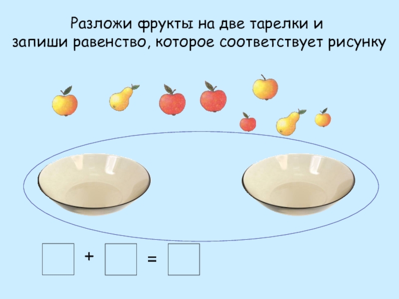 Разложи ру 4. Разложи фрукты на 2 тарелки. Разложи фрукты по тарелкам. Запиши равенство которое соответствует рисунку. 2 Тарелки.