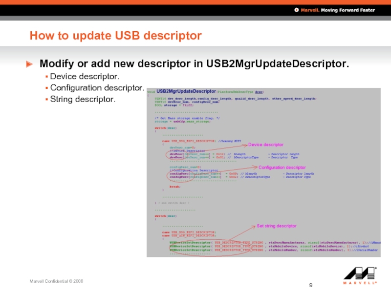 How to update USB descriptor Modify or add new descriptor in USB2MgrUpdateDescriptor. Device descriptor. Configuration descriptor. String
