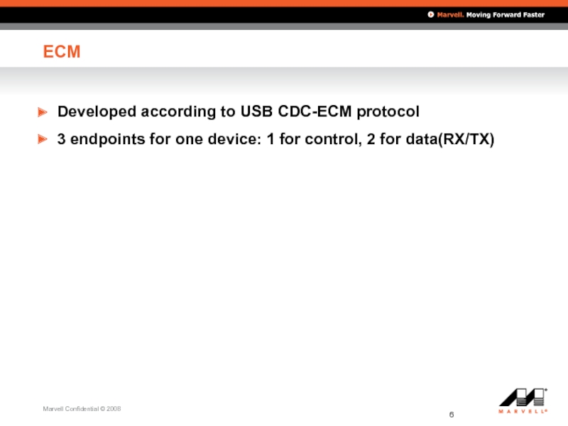 ECM Developed according to USB CDC-ECM protocol 3 endpoints for one device: 1 for control, 2 for