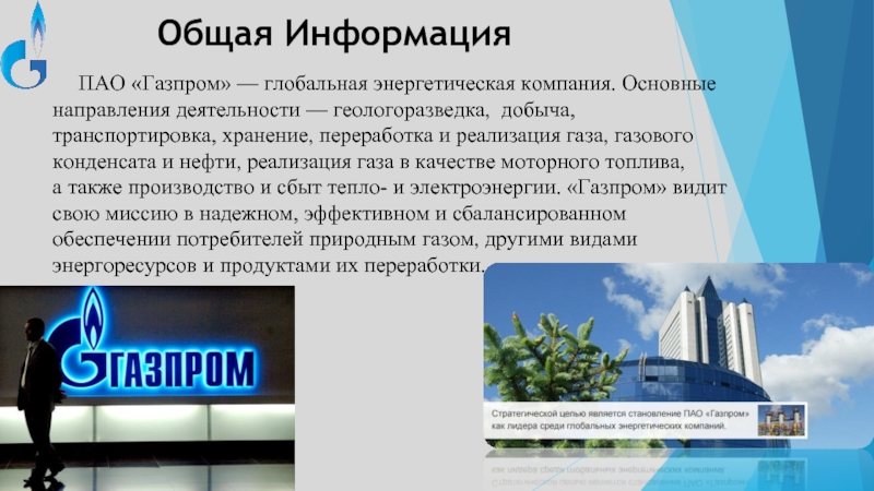 Общая Информация ПАО «Газпром» — глобальная энергетическая компания. Основные направления деятельности — геологоразведка,  добыча, транспортировка, хранение, переработка и реализация