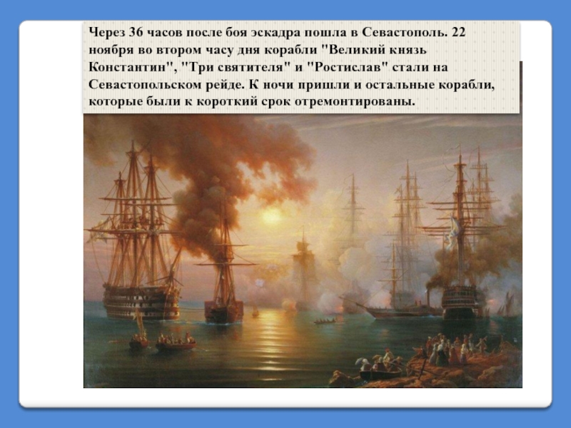 Через 36 часов после боя эскадра пошла в Севастополь. 22 ноября во втором часу дня корабли 