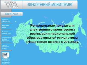 Региональные показатели электронного мониторинга реализации национальной образовательной инициативы 
Наша новая школа в 2011году.