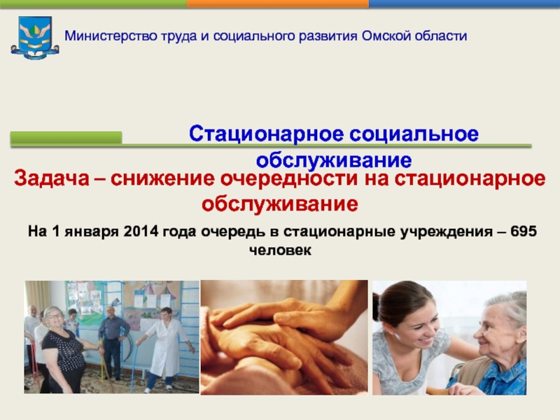 Министерство труда и социального развития Омской области  Стационарное социальное обслуживание Задача – снижение