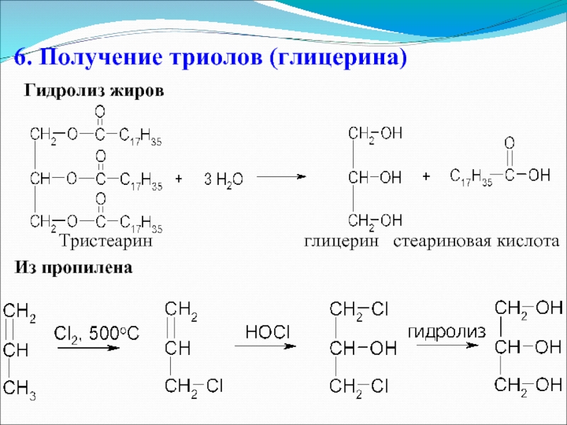 Синтез глицерина из пропилена. Гидролиз жира триастерина. Промышленный способ получения глицерина реакции. Реакция гидролиза тристеарина. Характерная реакция глицерина