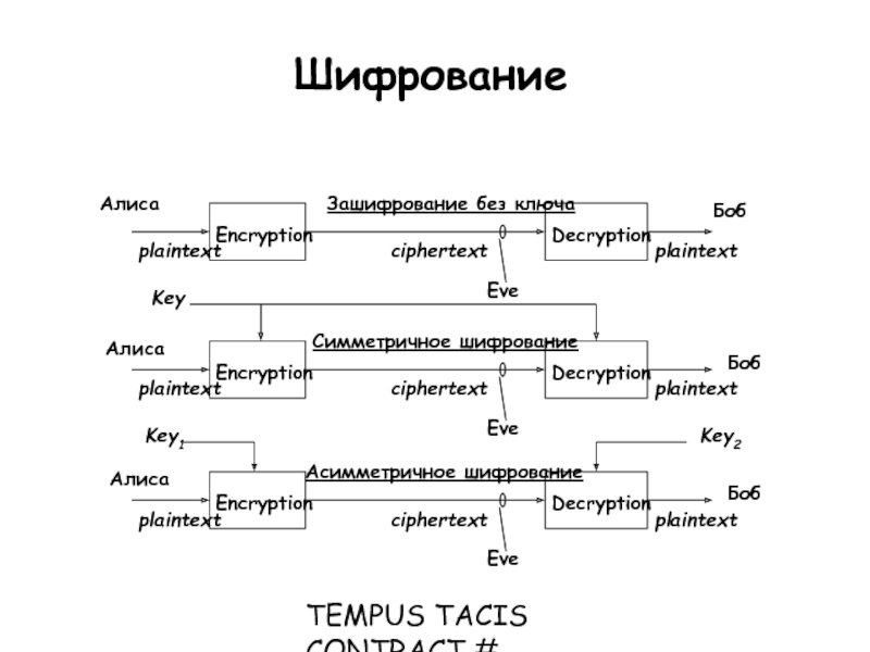 TEMPUS TACIS CONTRACT # CD_JEP_22077_2001 Шифрование   Алиса plaintext plaintext ciphertext