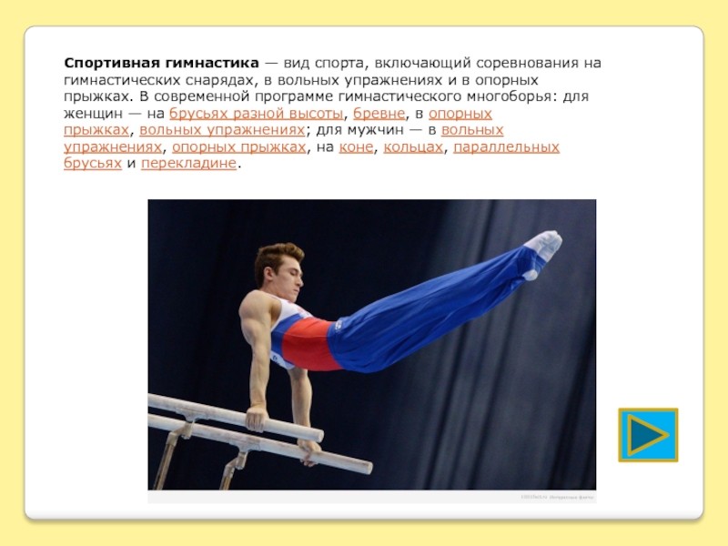 Спортивная гимнастика — вид спорта, включающий соревнования на гимнастических снарядах, в вольных