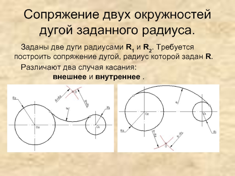 Внешнее сопряжение двух окружностей с дугой заданного радиуса изображено на рисунке