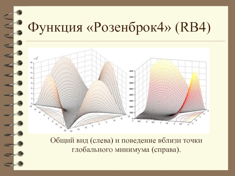 Функция «Розенброк4» (RB4) Общий вид (слева) и поведение вблизи точки глобального минимума (справа).