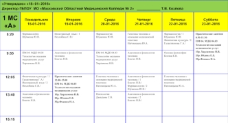 Утверждаю 18- 01- 2016 Директор ГБПОУ МО Московский Областной Медицинский Колледж 2 Т.В. Козлова 1 МС А Понедельник 18-01-2016 Вторник 19-01-2016.