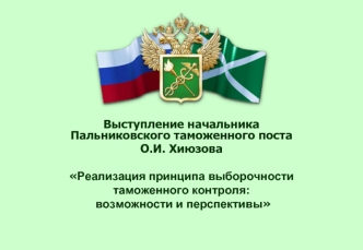 Выступление начальника Пальниковского таможенного поста
О.И. Хиюзова 

Реализация принципа выборочности
таможенного контроля:
 возможности и перспективы