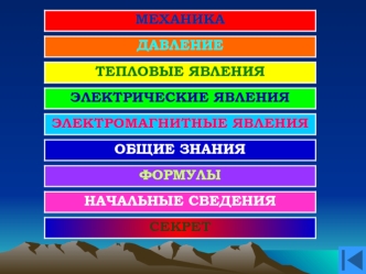 МЕХАНИКА ДАВЛЕНИЕ ТЕПЛОВЫЕ ЯВЛЕНИЯ ЭЛЕКТРИЧЕСКИЕ ЯВЛЕНИЯ ЭЛЕКТРОМАГНИТНЫЕ ЯВЛЕНИЯ ОБЩИЕ ЗНАНИЯ ФОРМУЛЫ НАЧАЛЬНЫЕ СВЕДЕНИЯ СЕКРЕТ.