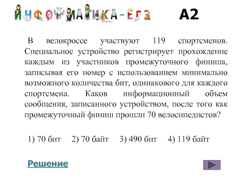 Минимально возможное количество бит. В велокроссе участвуют 119 спортсменов. В велокроссе участвуют. В велокроссе участвуют 108 спортсменов специальное устройство. Минимально возможное число бит.