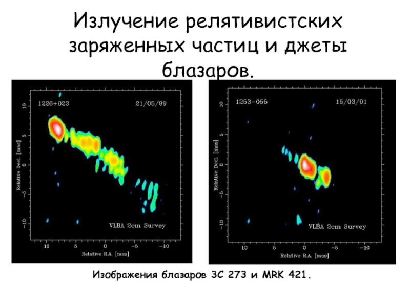 Излучение релятивистских заряженных частиц и джеты блазаров.Изображения блазаров 3C 273 и MRK 421.