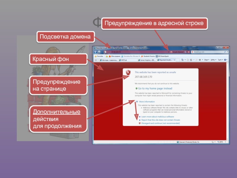 Дополнительные страницы. Красный значок в адресной строке. Имя сервера в адресной строке. Треугольник в адресной строке. Домен сервера в адресной строке.