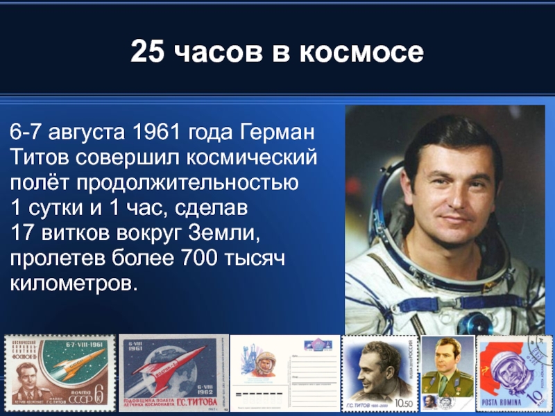 25 часов в космосе 6-7 августа 1961 года Герман Титов совершил космический полёт продолжительностью  1 сутки