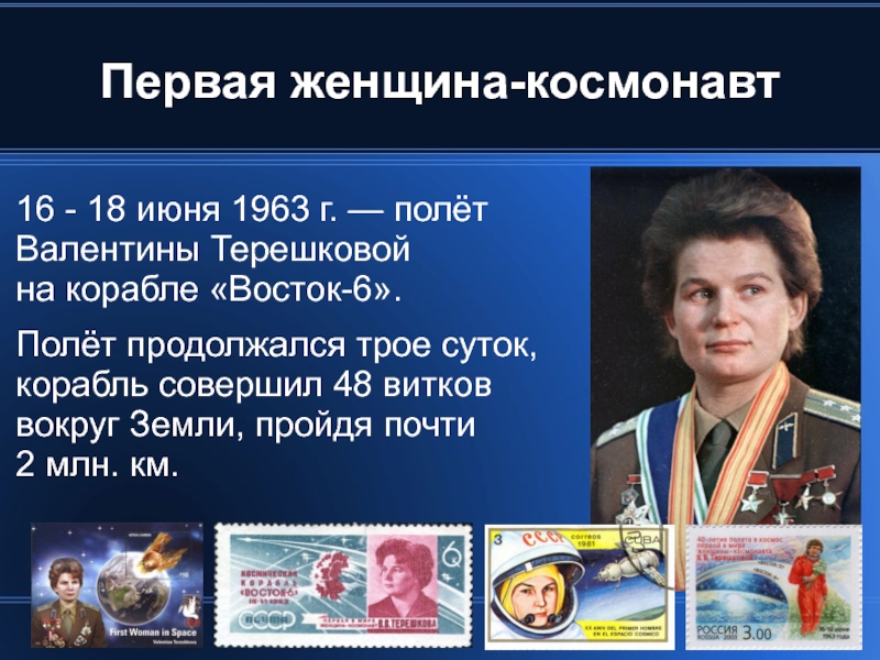 Первая женщина-космонавт 16 - 18 июня 1963 г. — полёт Валентины Терешковой  на корабле «Восток-6». Полёт